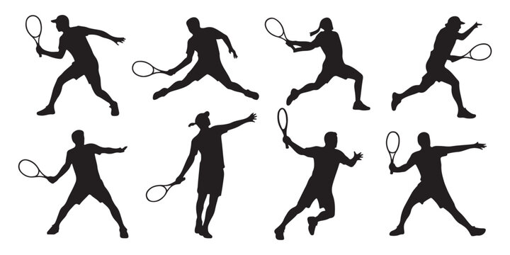 Set of professional tennis player silhouettes performing diverse shots and movements suitable for sporting events and fitness advertisements.