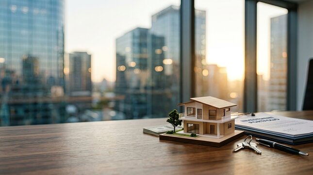 A wooden desk displays a miniature house model, a small tree, and a set of keys with a contract. The desk sits in front of a large window offering a stunning view of a city skyline at sunset.