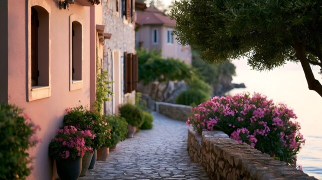 A charming coastal village street lined with pink flowering bushes and stone buildings overlooking the sea at golden hour