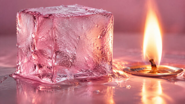 Melting ice cube beside a burning flame on a pink reflective surface, representing the extreme contrast between cold and heat, with copy space.