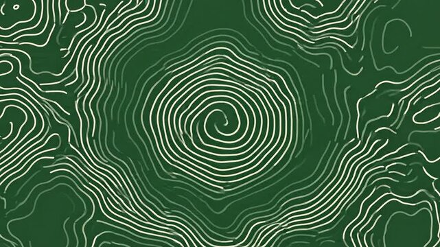 Topographic map lines moving in a seamless animation pattern with white swirling circular motion across a dark forest green background