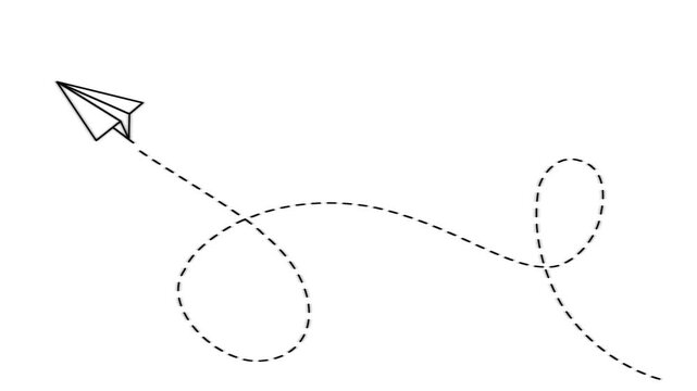 Simgle Paper Airplane with Dotted Flight Path Animation, Hand Drawn Route and Direction black background. Motion Graphic animation 4k video