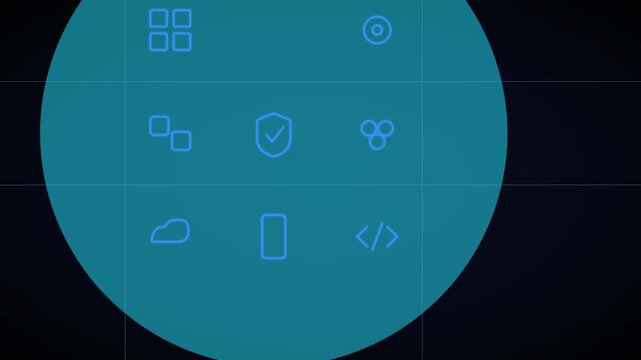 Animated Tech Icon Grid, Nine SaaS Modules with Connecting Trails, Dark UI