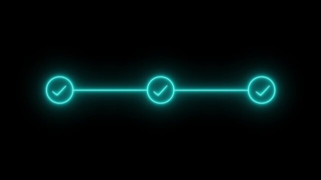 Glowing Neon cyan Three Step Progress Bar Animation with Checkmarks, Business Workflow Timeline and Task Completion Indicator Motion graphics of concept black background. animation