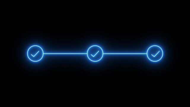 Glowing Neon Blue Three Step Progress Bar Animation with Checkmarks, Business Workflow Timeline and Task Completion Indicator Motion graphics of concept black background. animation