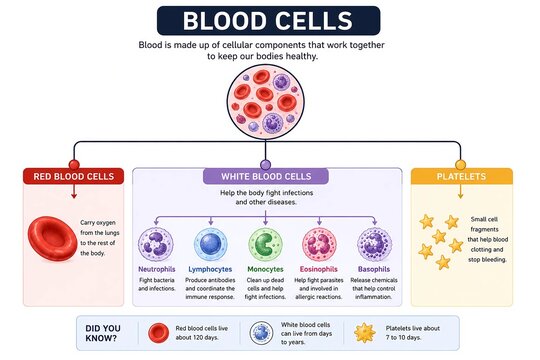 Blood Cells Infographic Design with Major Components of Human Blood Including Red Blood Cells, White Blood Cells, and Platelets