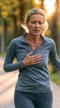fit middle-aged woman stopping during a morning jog after feeling sudden chest pain  one hand on his chest  concerned facial expression  tree-lined park at sunrise