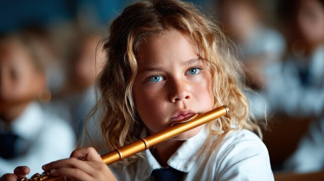 A young girl elegantly plays her flute in a school setting, capturing the essence of music education and the joy of childhood in a vibrant classroom atmosphere.