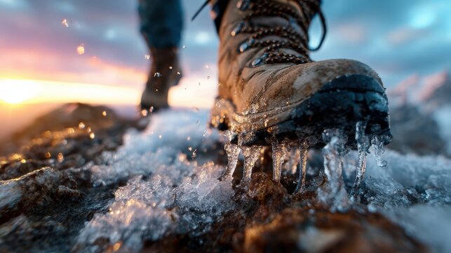A close-up of a muddy hiking boot stepping through icy patches while the sunset glow enhances the adventurous spirit of exploring nature's beauty in wintertime.