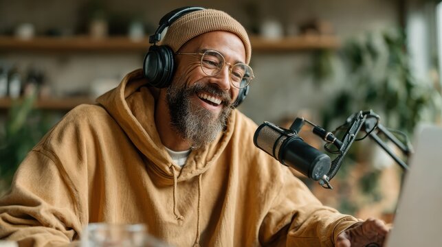 A happy, bearded man in headphones smiles while working on a computer, representing creativity and passion for music, inviting an atmosphere of inspiration and positivity.