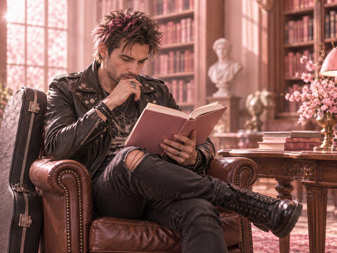 Rugged tattooed man in black leather quietly reading a book in an elegant interior, contrasting rebellious appearance with intellectual calm.