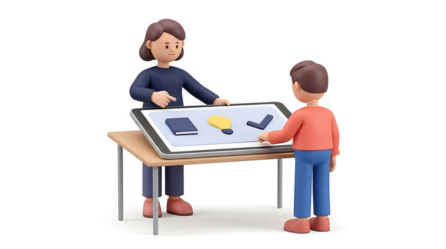 Adult teaching child about digital learning with icons on a tablet during a lesson