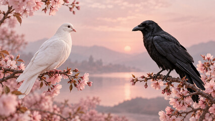 Fototapeta premium White dove and black raven perched opposite each other against a peaceful sunset, symbolizing light and darkness, peace and mystery.
