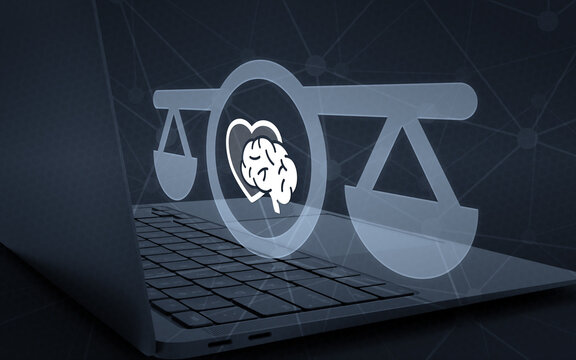A conceptual illustration showing a laptop keyboard with a glowing symbol of scales, a heart, and a brain, representing health law, ethics, and legal advice.