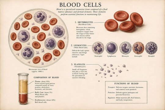Human Blood Cells Chart Educational Illustration Showing Erythrocytes, Leukocytes, Neutrophils, Lymphocytes, Monocytes, Eosinophils, Basophils, and Platelets