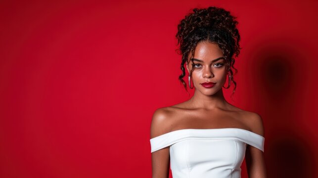 A stunning young woman posing elegantly against a striking red backdrop, showcasing natural beauty and confidence with a captivating gaze and stylish outfit.