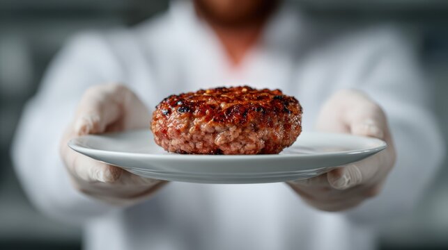 A perfectly grilled beef burger on a pristine white plate held by gloved hands, ready to tantalize the taste buds of customers in a culinary setting.
