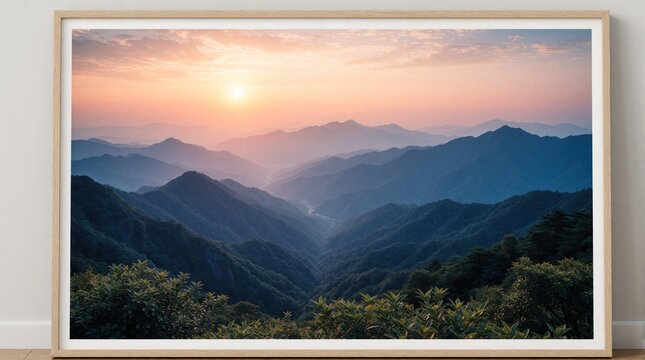 Hazy mountain range landscape at sunset. Layers of blue peaks fade into soft pink sky gradient. Sun dips low casting gentle light over green valley below. Peaceful nature scene.