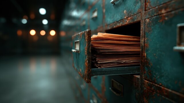 An old rusty file cabinet drawer wide open, brimming with an assortment of yellowing documents, evokes nostalgia for past eras and the significance of records and history.