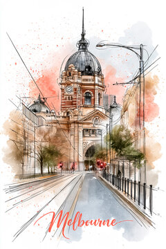 Watercolor illustration of Melbourne, Australia.