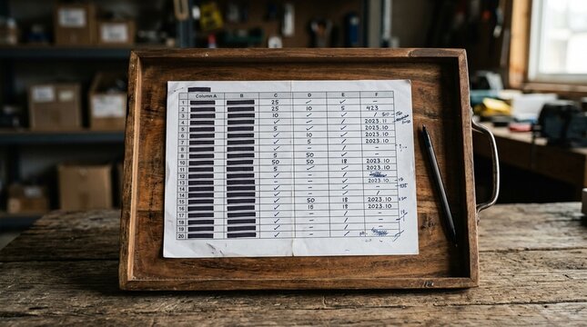 Sample inventory comparison sheet resting on a tray