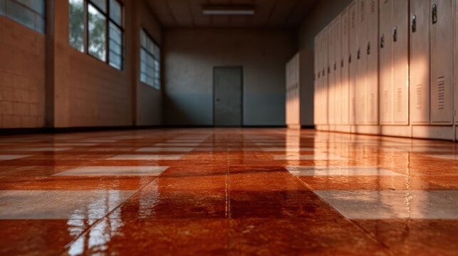 A polished floor reflecting light in a school corridor, accompanied by lockers, contributing to the educational environment's ambiance and daily activities.