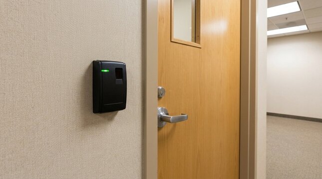 Key card reader mounted beside a supply chain office door