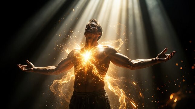 Man radiates energy with arms spread wide under dramatic light beam. Glowing core pulses with power and light particles swirl around him. Spiritual awakening or inner strength.