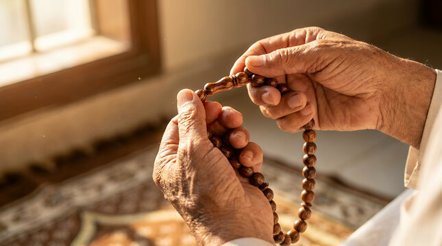 Close up of male hands holding wooden prayer beads