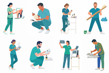 Fototapeta premium Collection of vector flat illustrations featuring diverse dental professionals performing various tasks related to oral healthcare, equipment maintenance, and patient record management.