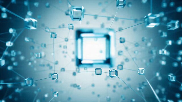 Digital cubes floating in blue network motion animation representing futuristic data connections and abstract global technology