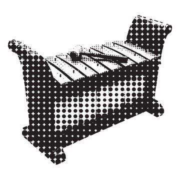 Artistic halftone stippling illustration of a traditional Indonesian gamelan saron instrument in black and white screenprint style with rasterized dots.