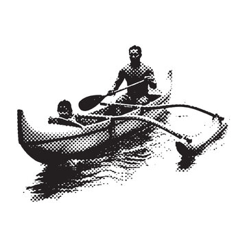 Vintage Style Halftone Illustration of People Paddling an Outrigger Canoe on Water, Black and White Rasterized Screenprint with Stippling and Dots Texture