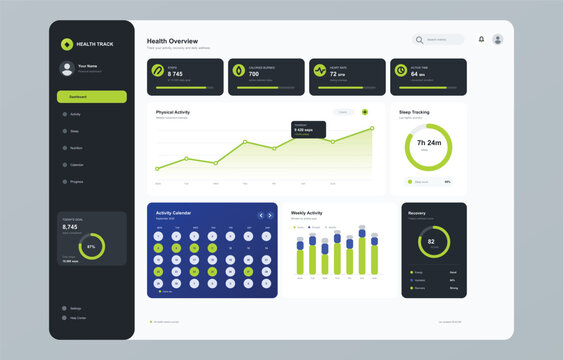 Health tracking dashboard user interface with activity monitoring, sleep tracking, heart rate data, and a calendar view on a clean white and dark grey background