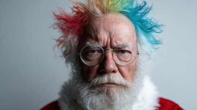 A quirky portrayal of Santa with colorful rainbow hair and a serious expression, breaking traditional stereotypes and infusing a modern twist into holiday imagery.