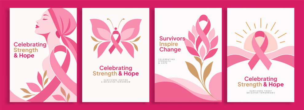 Breast cancer awareness month greeting cards set with woman profile, butterfly, flower and sunrise pink ribbon symbols of hope vector illustration