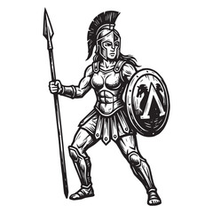 Fototapeta premium Woodcut engraved relief carved printmaking illustration of an ancient Greek Spartan female warrior wearing armor and holding a spear and shield.