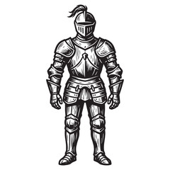 Fototapeta premium Medieval Knight in Full Plate Armor: Engraved Woodcut Printmaking Style Relief Carved Illustration Isolated on White