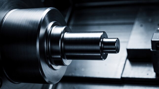 Close up of precision machined metal shaft on industrial lathe machine. Steel component shows smooth surface texture after metalworking process. Engineering part prepared in manufacturing workshop