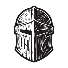 Obraz premium Medieval Knight Helmet Woodcut Engraved Relief Carved Printmaking Illustration