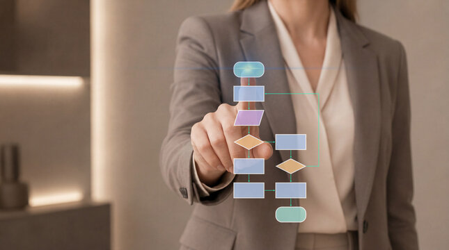 Workflow diagram for business process control. Process flowchart for workflow automation and operational planning. Businesswoman managing a digital process interface.