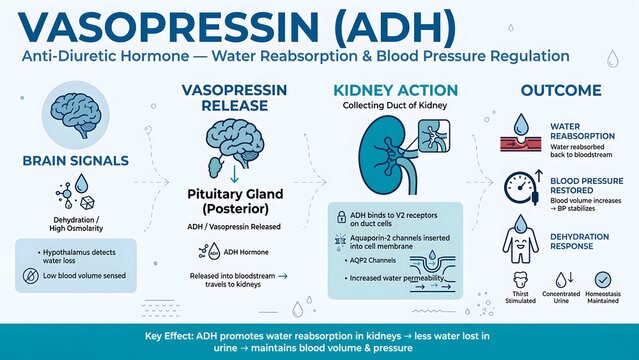 Medical infographic explaining the function of vasopressin anti-diuretic hormone in water reabsorption and blood pressure regulation.