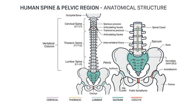 Anatomical diagram of the human spine and pelvic region showing the vertebral column and pelvis structure.