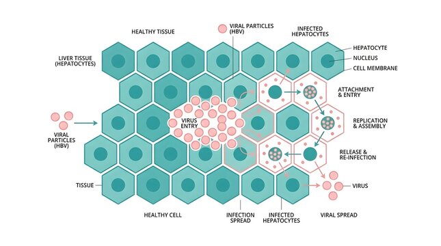 Diagram showing the process of Hepatitis B virus infecting liver tissue and hepatocytes.