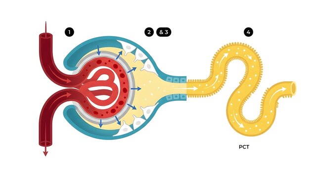 Medical diagram illustrating the structure and filtration process of a renal corpuscle in the kidney.