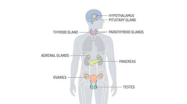 Medical illustration of the human endocrine system showing the location of major glands in the body.