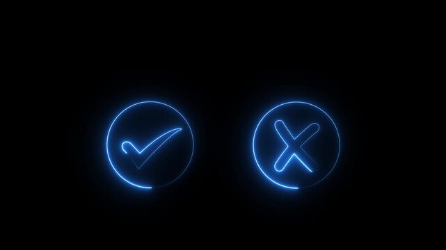 glowing neon Minimal neon Check Mark and Cross Icon in Circle Tick or check mark and cross mark signs neon icon animation.right and wrong neon icon Motion graphics of concept black background 4k
