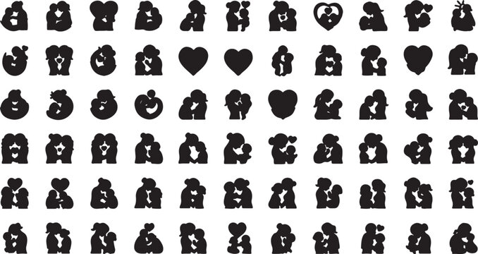 Collection of black silhouette graphic icons featuring couples in love and heart shapes for romantic designs couple silhouette heart shape love icon valentine day silhouette valentines