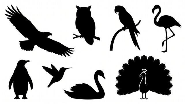 Bird Silhouettes Set Including Eagle Owl Parrot Flamingo Penguin Swan and Peacock