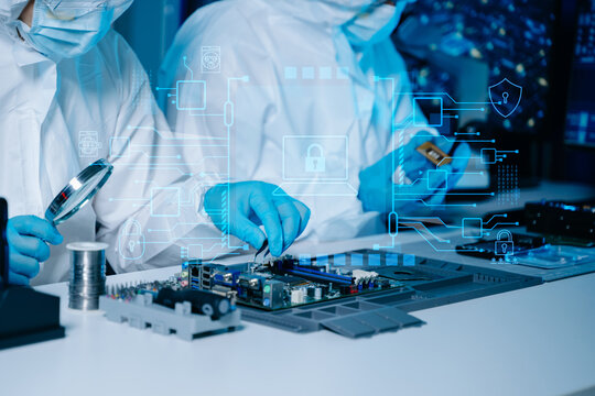 Tech engineers in a cleanroom analyze hardware and circuits. Digital HUD overlays and padlocks highlight advanced data cybersecurity